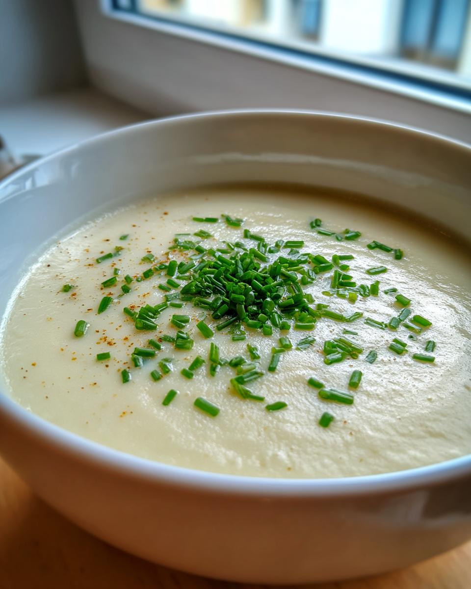 A close-up of creamy cauliflower soup garnished generously with chopped fresh chives and a sprinkle of spice.