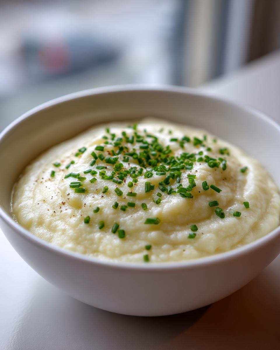 A close-up of creamy cauliflower soup in a white bowl, garnished with fresh chopped chives and pepper.
