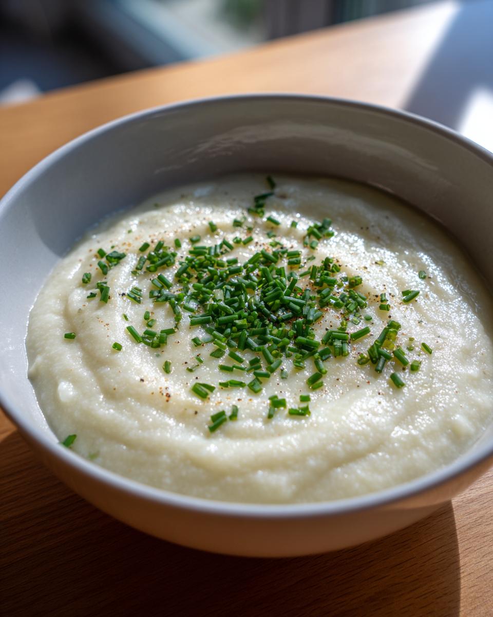 Close-up of a bowl of creamy white cauliflower soup garnished generously with chopped fresh chives and pepper.