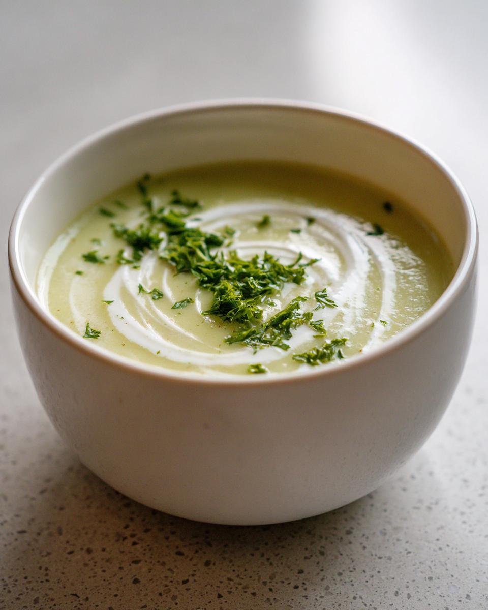 Close-up of a bowl of creamy, pale green celery soup topped with a swirl of cream and fresh parsley.