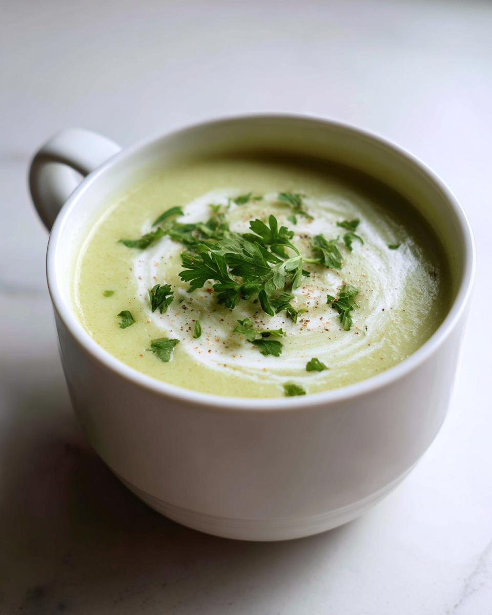 A close-up of creamy, light green celery soup in a white mug, topped with cream swirl and fresh parsley.