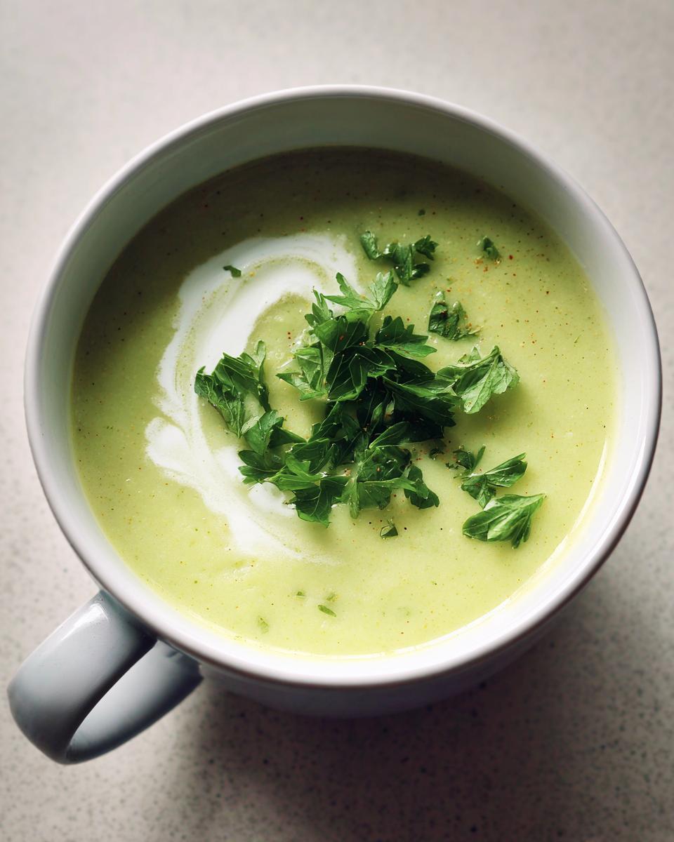 Overhead view of a bowl of creamy, light green celery soup topped with a swirl of cream and fresh parsley.