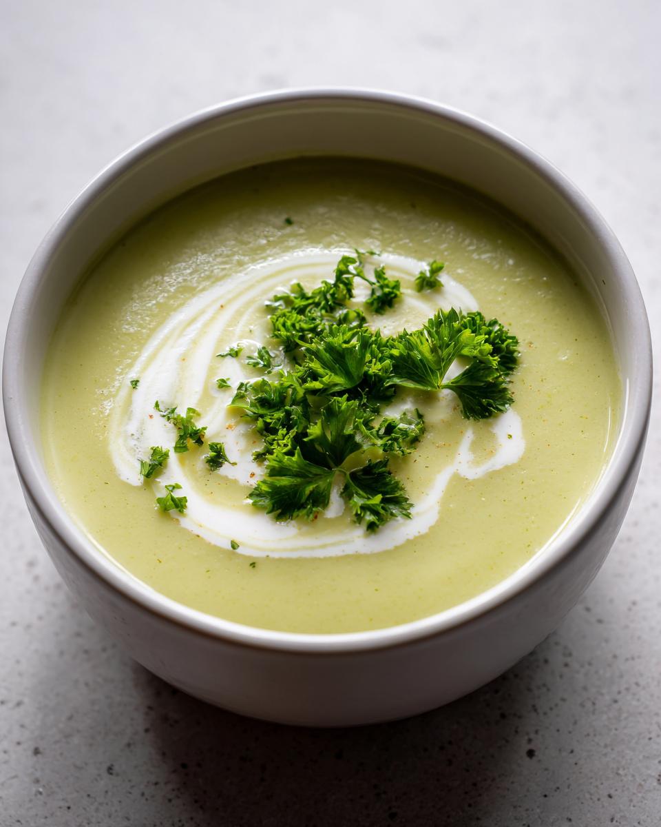 A close-up of creamy, light green celery soup in a white bowl, swirled with cream and topped with fresh parsley.