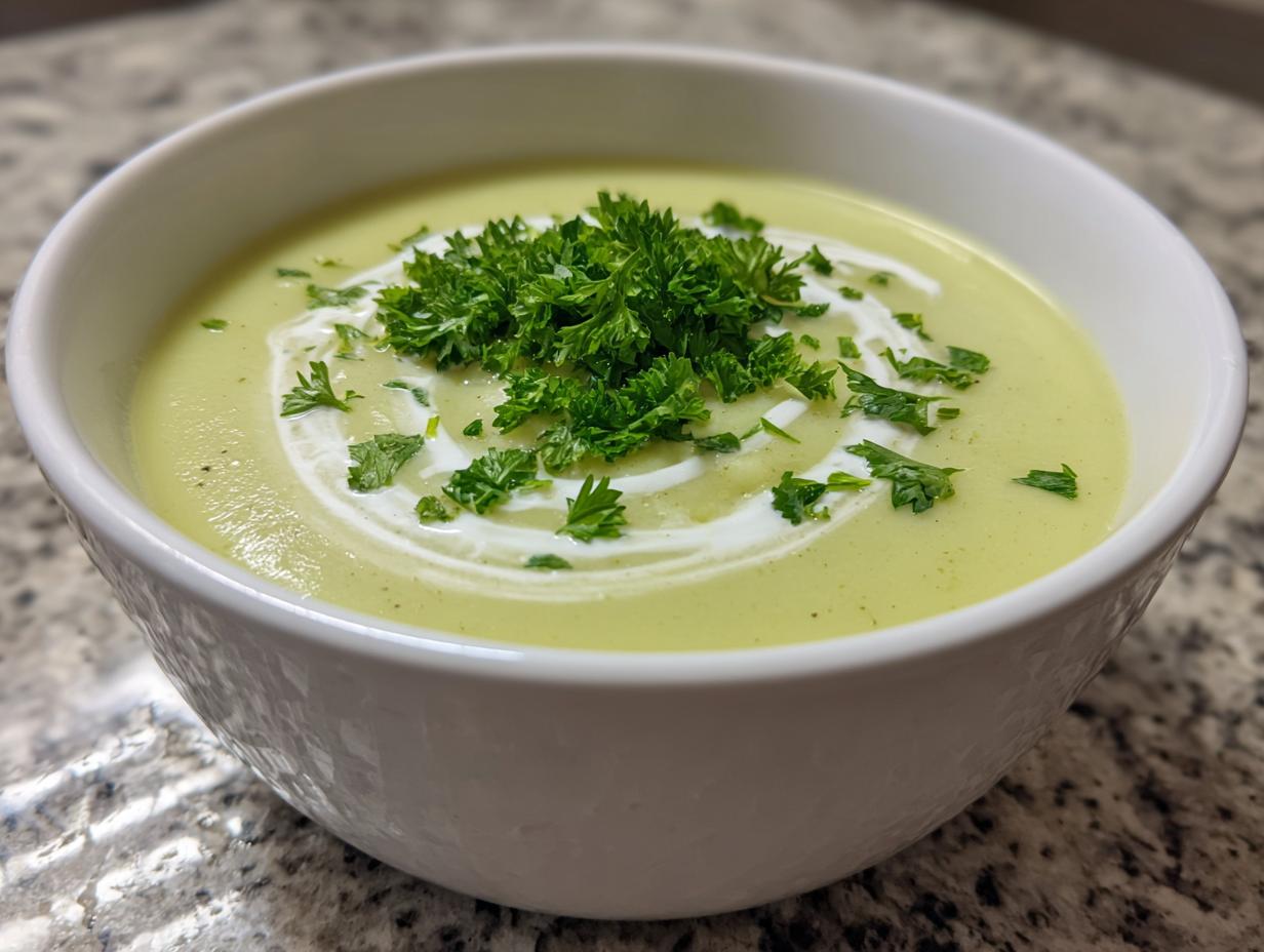 A close-up of a bowl of smooth, light green celery soup, swirled with cream and topped with fresh parsley.
