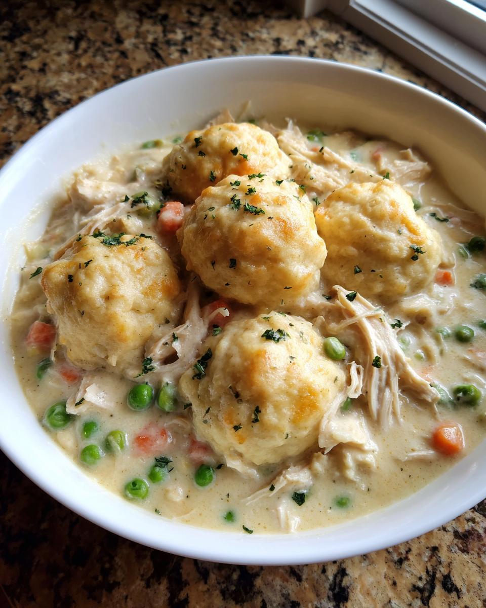 A close-up of a white bowl filled with creamy chicken and dumplings, featuring fluffy dumplings and shredded chicken.