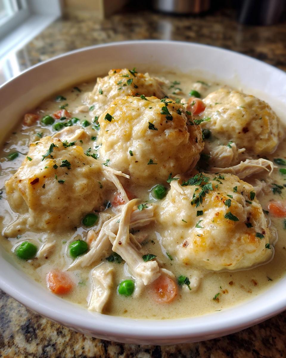 A close-up of a creamy bowl of chicken and dumplings, featuring fluffy dumplings, shredded chicken, peas, and carrots.