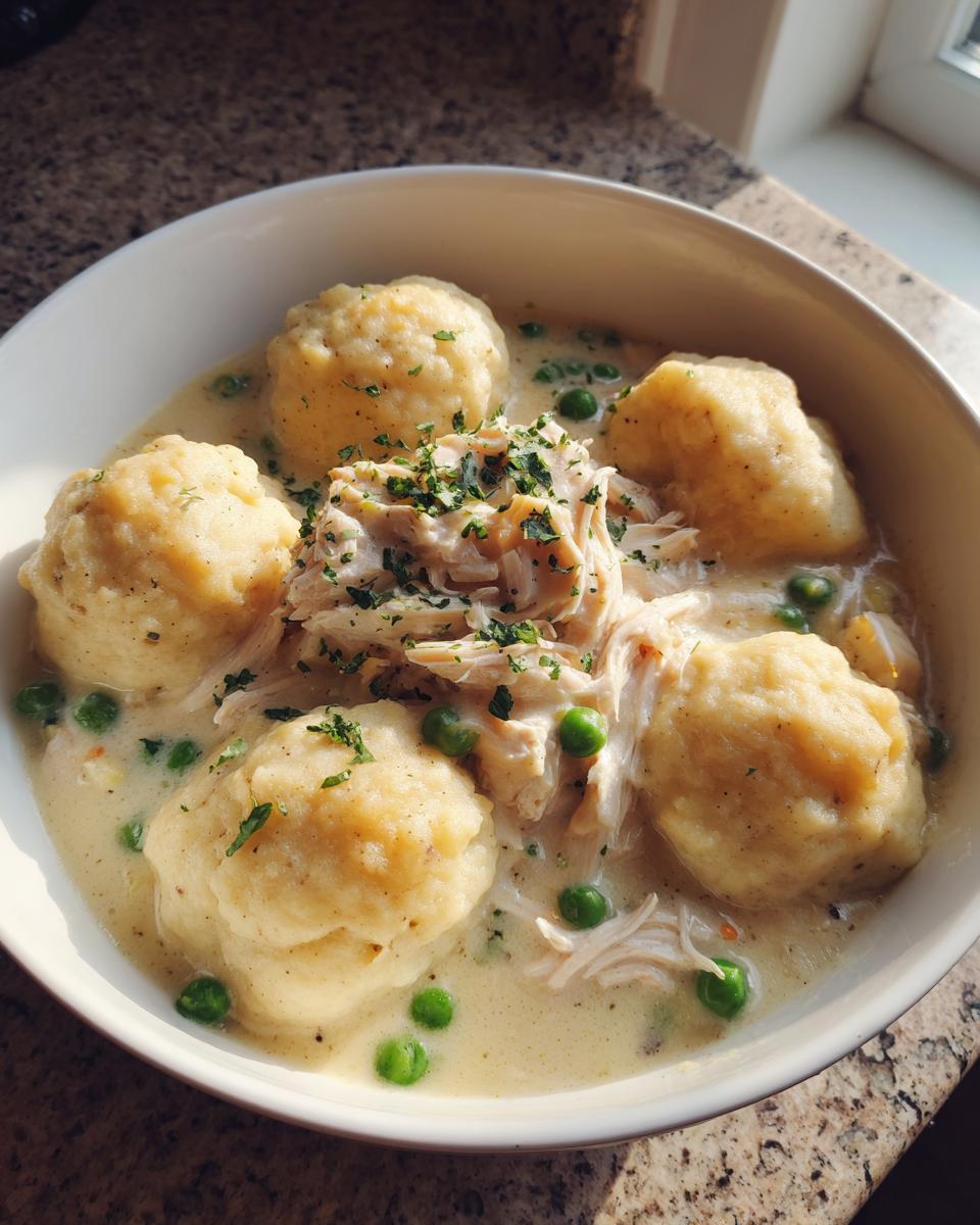 A close-up of a white bowl filled with creamy chicken and dumplings, shredded chicken, and bright green peas.