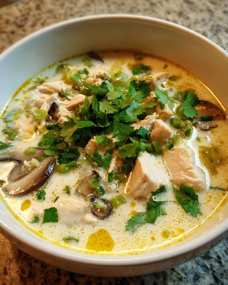 A close-up of a bowl of creamy chicken coconut soup, topped generously with fresh cilantro and sliced mushrooms.