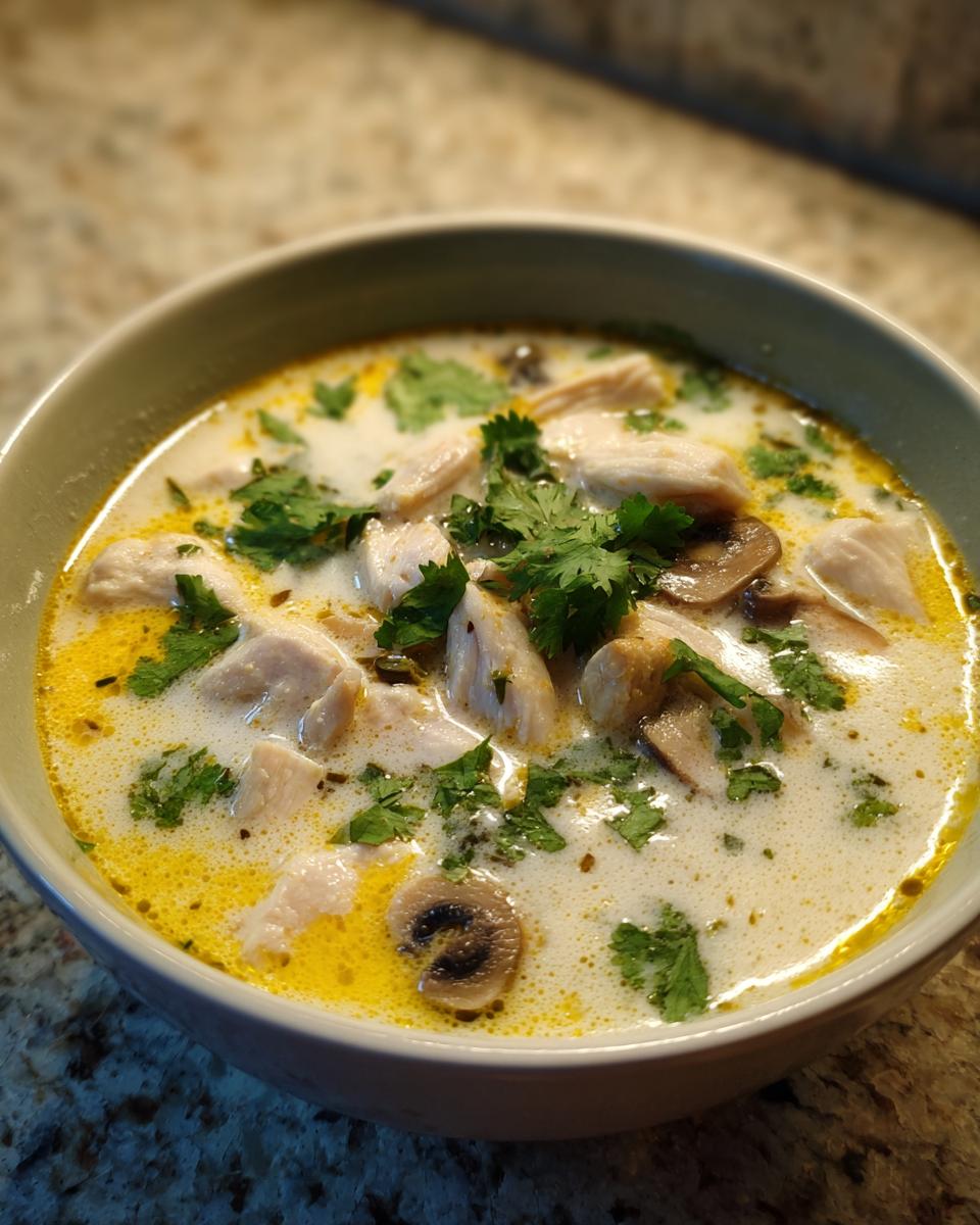 Close-up of a bowl of creamy coconut soup filled with chunks of chicken, sliced mushrooms, and fresh cilantro garnish.