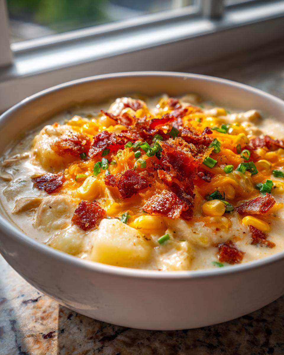 A close-up of a hearty bowl of chicken corn chowder topped with melted cheddar cheese, crispy bacon, and chives.