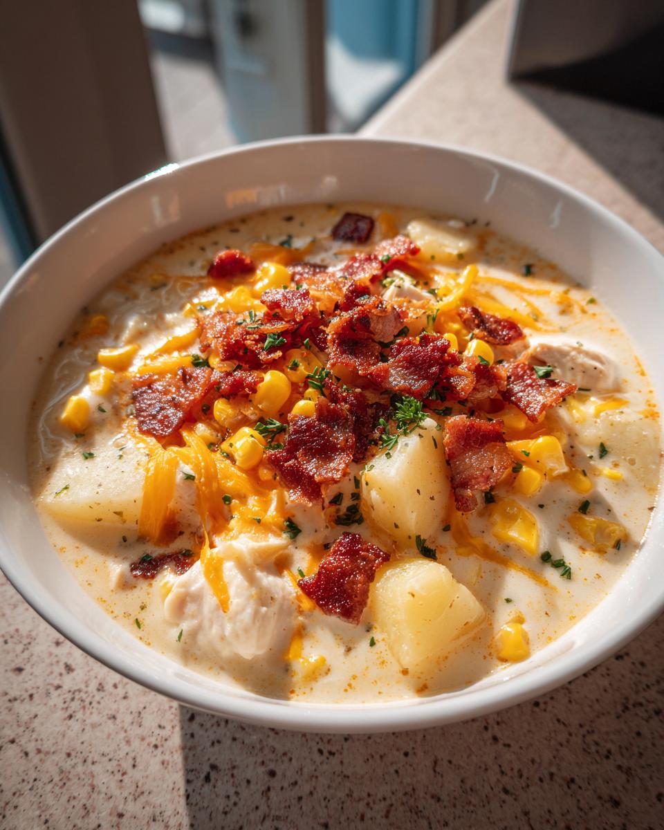 Close-up of a bowl of creamy chicken corn chowder topped generously with crumbled bacon, shredded cheese, and parsley.