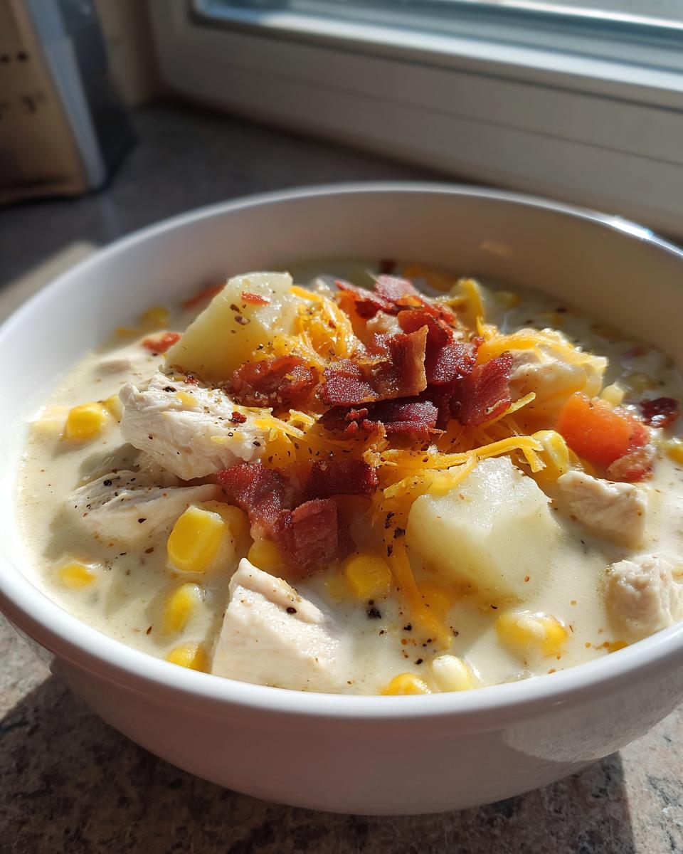 Close-up of a creamy bowl of chicken corn chowder topped with bacon bits, shredded cheese, and potatoes.