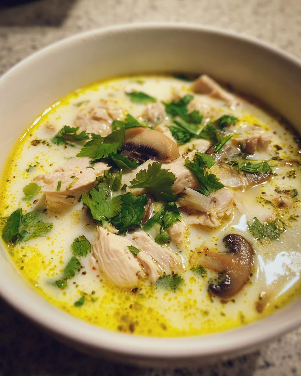A close-up view of a bowl of creamy coconut soup filled with shredded chicken, sliced mushrooms, and fresh cilantro.