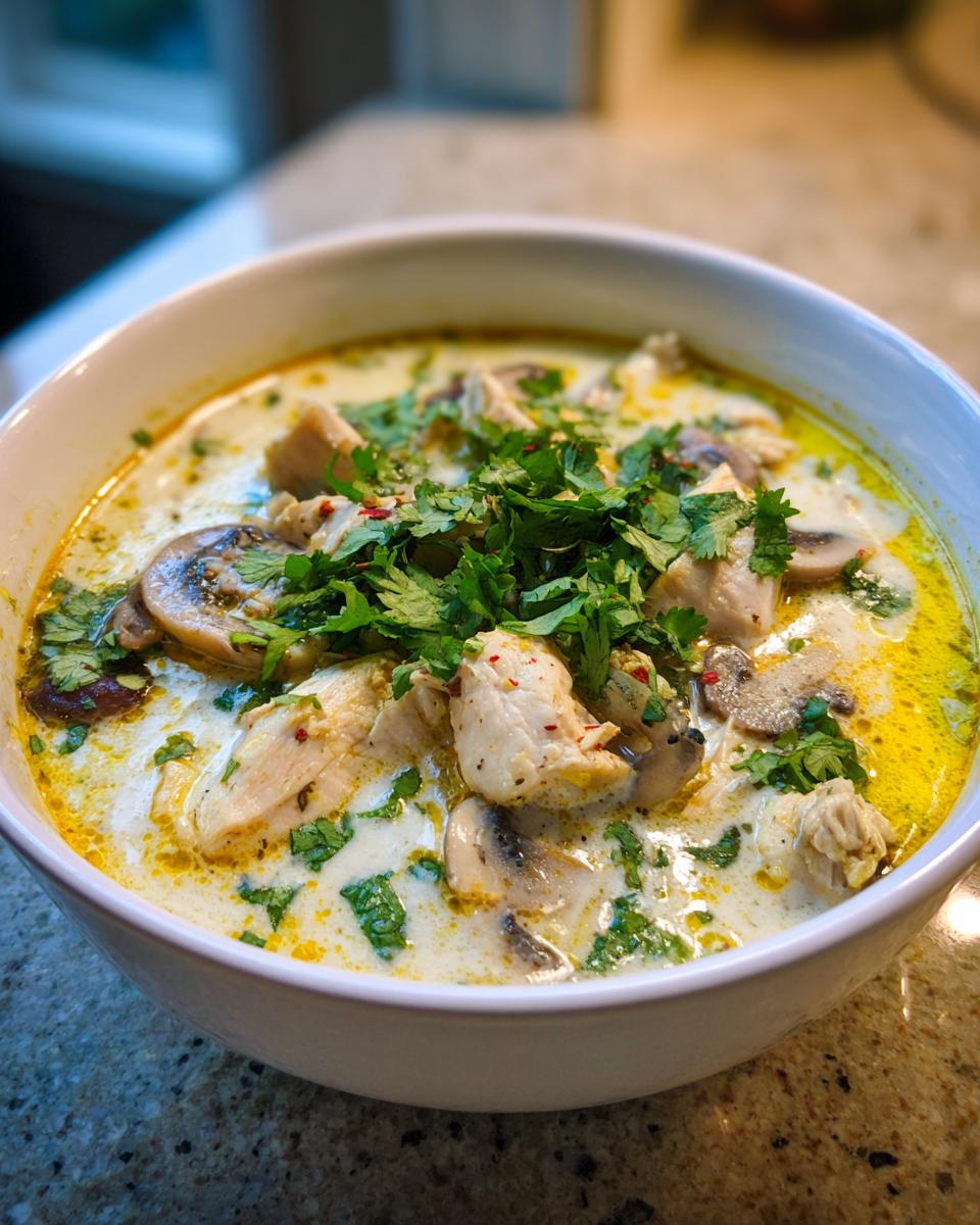 A close-up of a creamy bowl of chicken and mushroom coconut soup, garnished heavily with fresh cilantro.