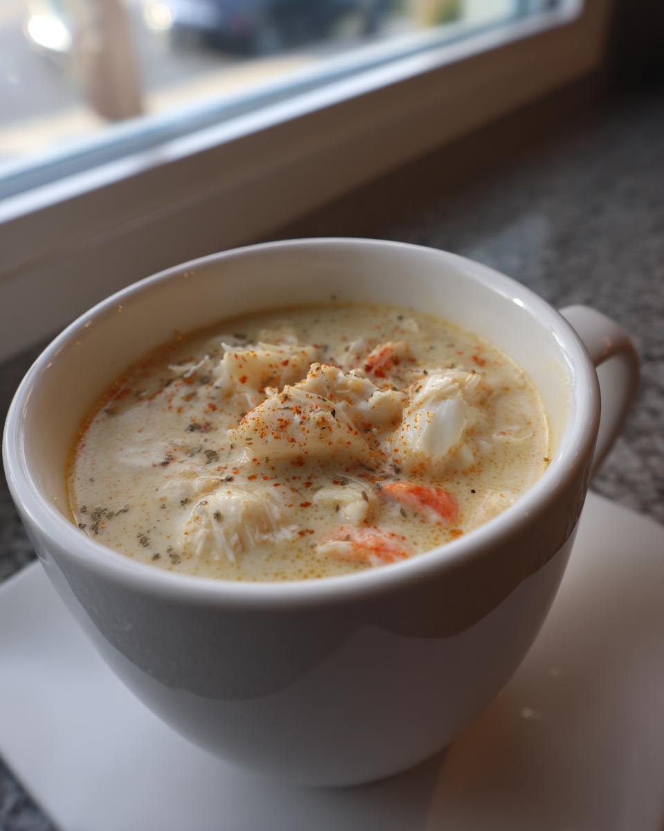 Close-up of a creamy, rich crab soup loaded with white crab meat, seasoned with paprika and herbs.
