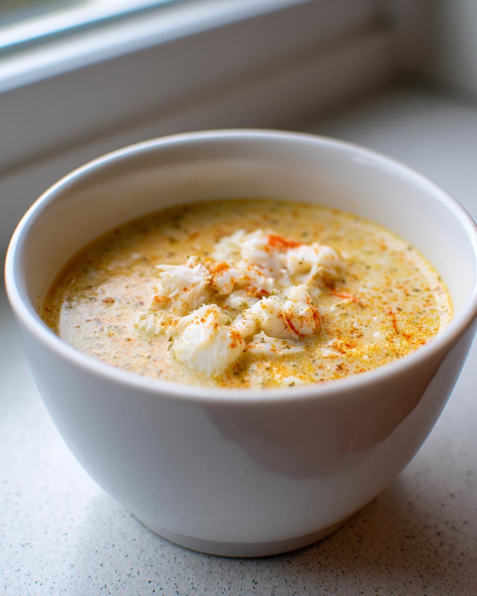 Close-up of a white bowl filled with creamy crab soup, topped with visible chunks of white crab meat.
