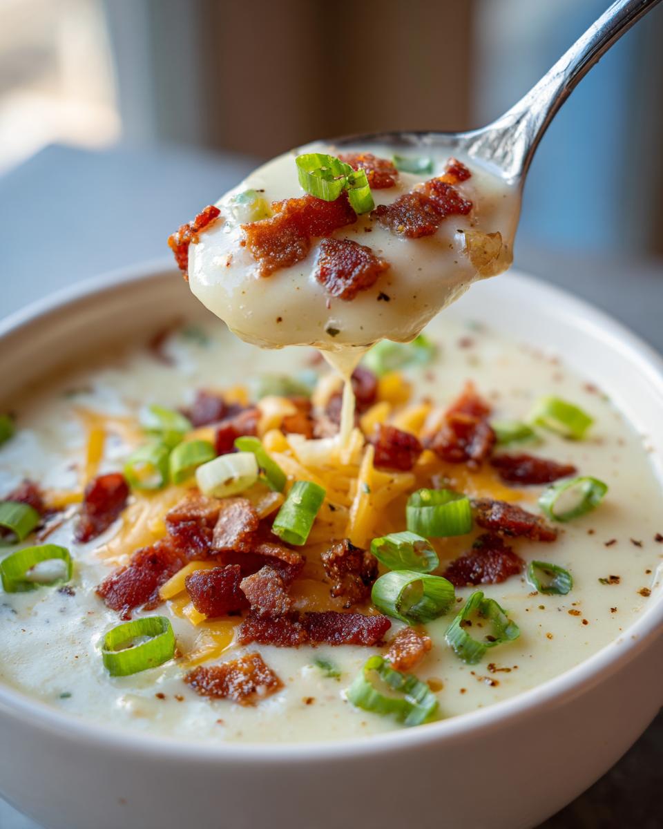 A spoonful of creamy easy crockpot potato soup topped with bacon bits and green onions being lifted from a white bowl.