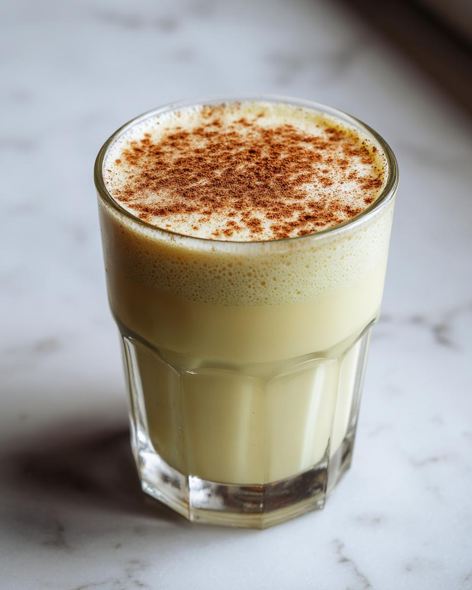 A glass filled with creamy eggnog, topped with a generous dusting of cinnamon or nutmeg.