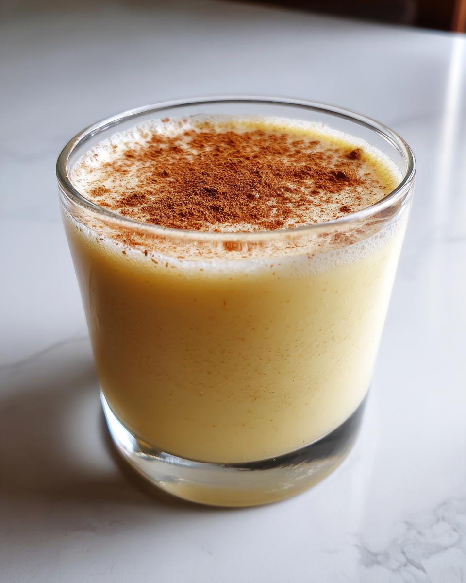 A close-up of a glass filled with creamy, yellow eggnog, topped with a generous dusting of cinnamon.