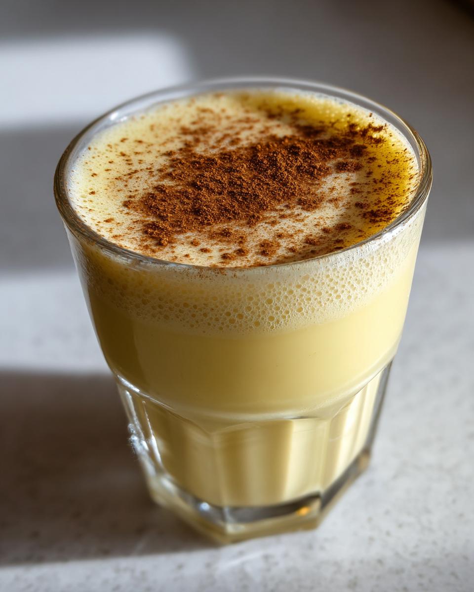 A glass filled with creamy, yellow eggnog, topped with a generous dusting of ground cinnamon.