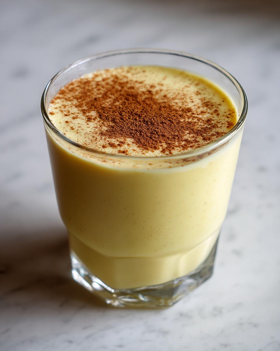 A close-up of a glass filled with creamy, yellow eggnog, generously dusted with ground cinnamon on top.