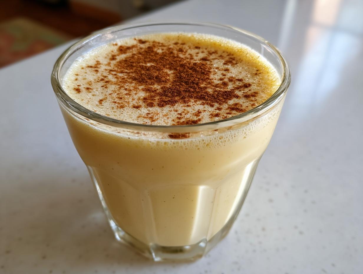 Close-up of a glass of creamy, pale yellow eggnog topped with a dusting of cinnamon.