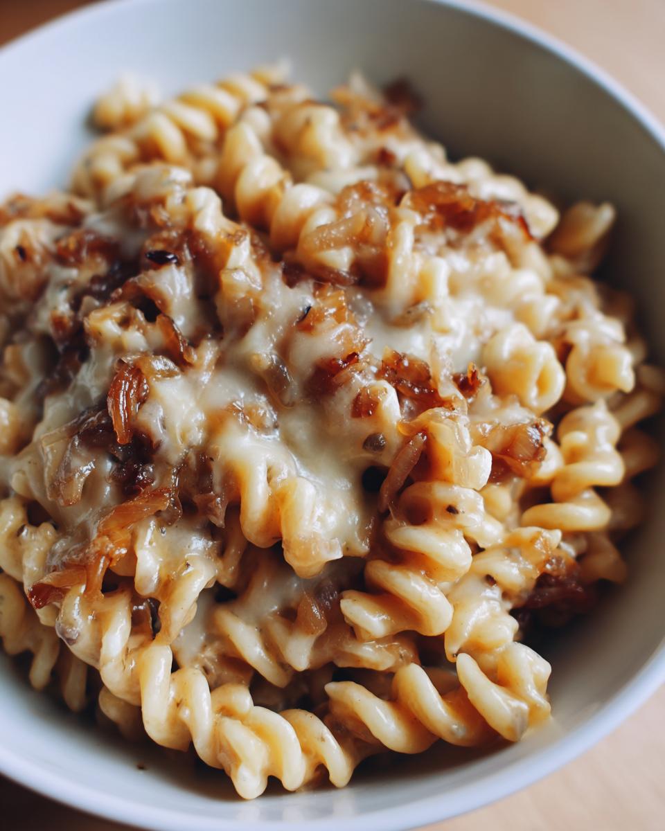 Close-up of creamy french onion pasta featuring fusilli noodles, melted cheese, and caramelized onions in a white bowl.