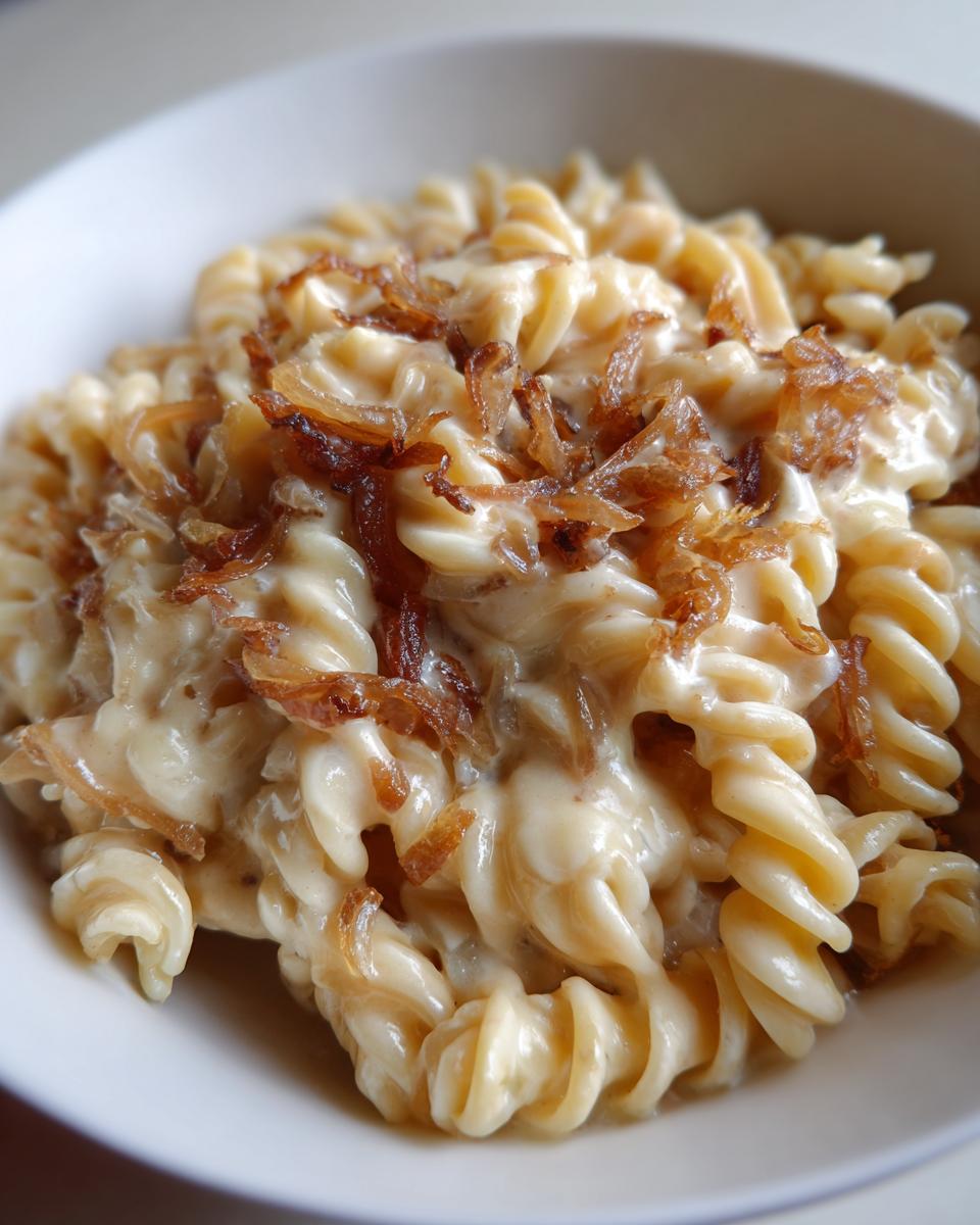 Close-up of creamy french onion pasta made with fusilli, topped with crispy fried onions.