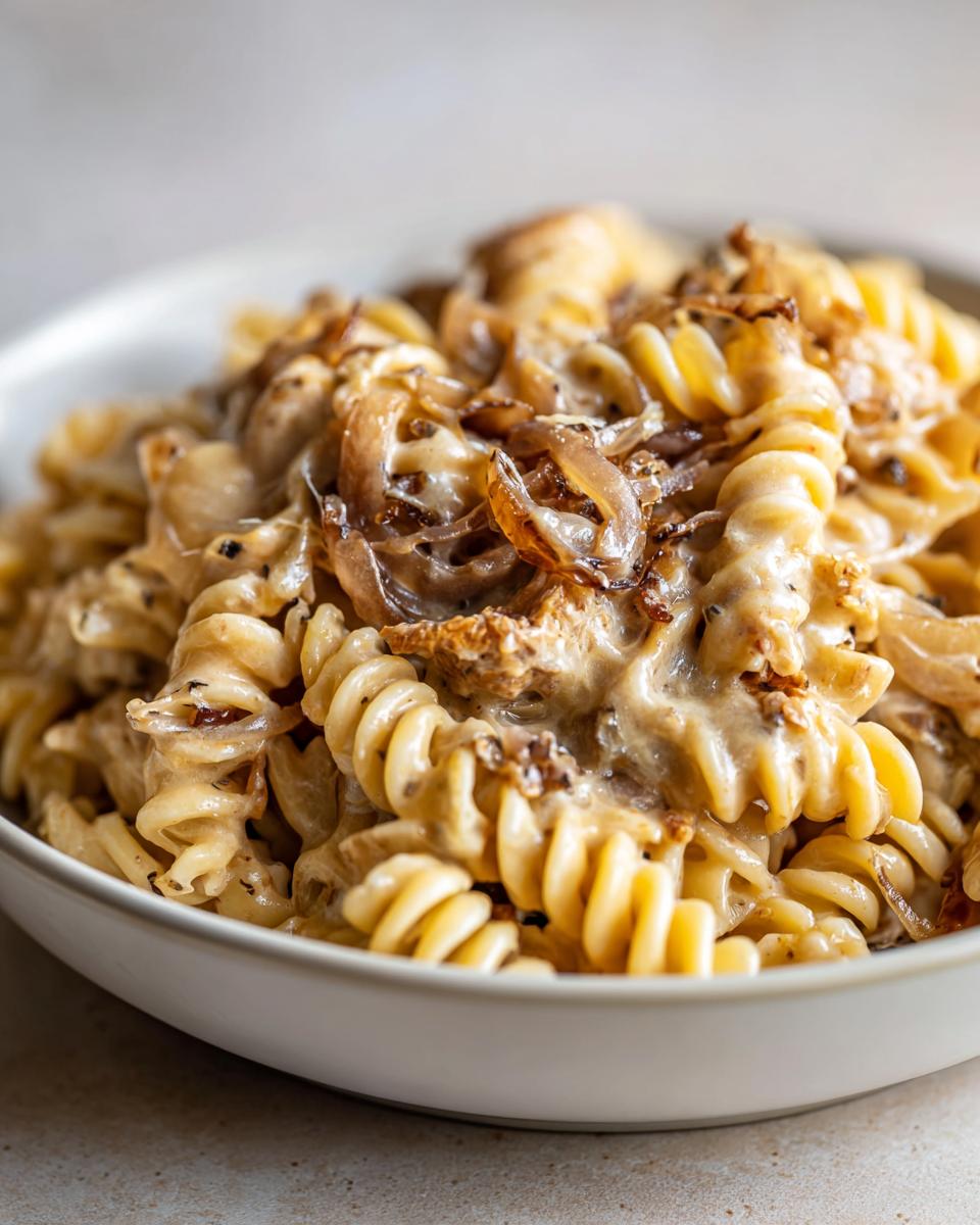 Close-up of creamy french onion pasta featuring fusilli noodles coated in sauce and topped with caramelized onions.