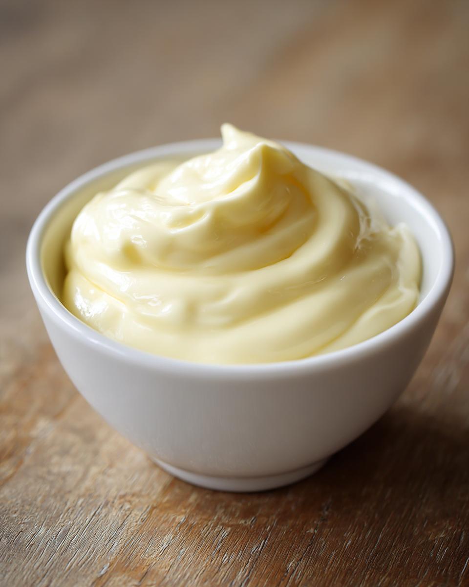 A close-up of thick, creamy homemade mayonnaise swirled beautifully in a small white bowl.