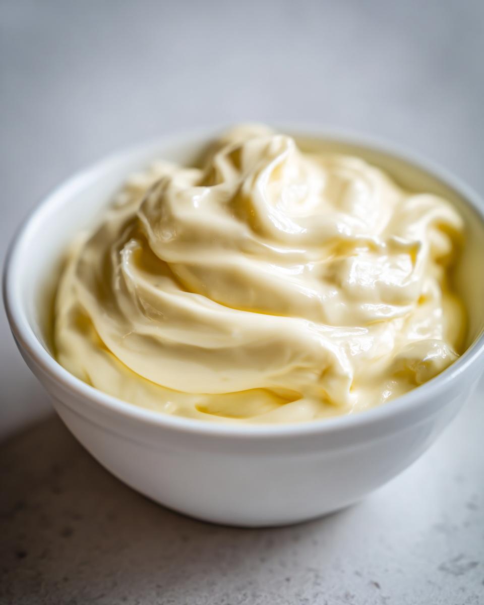Close-up of thick, creamy homemade mayonnaise swirled beautifully in a small white bowl.