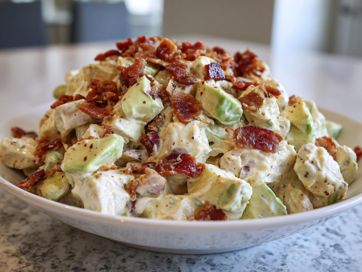 Close-up of creamy honey mustard chicken salad mixed with avocado chunks and topped with crispy bacon bits.