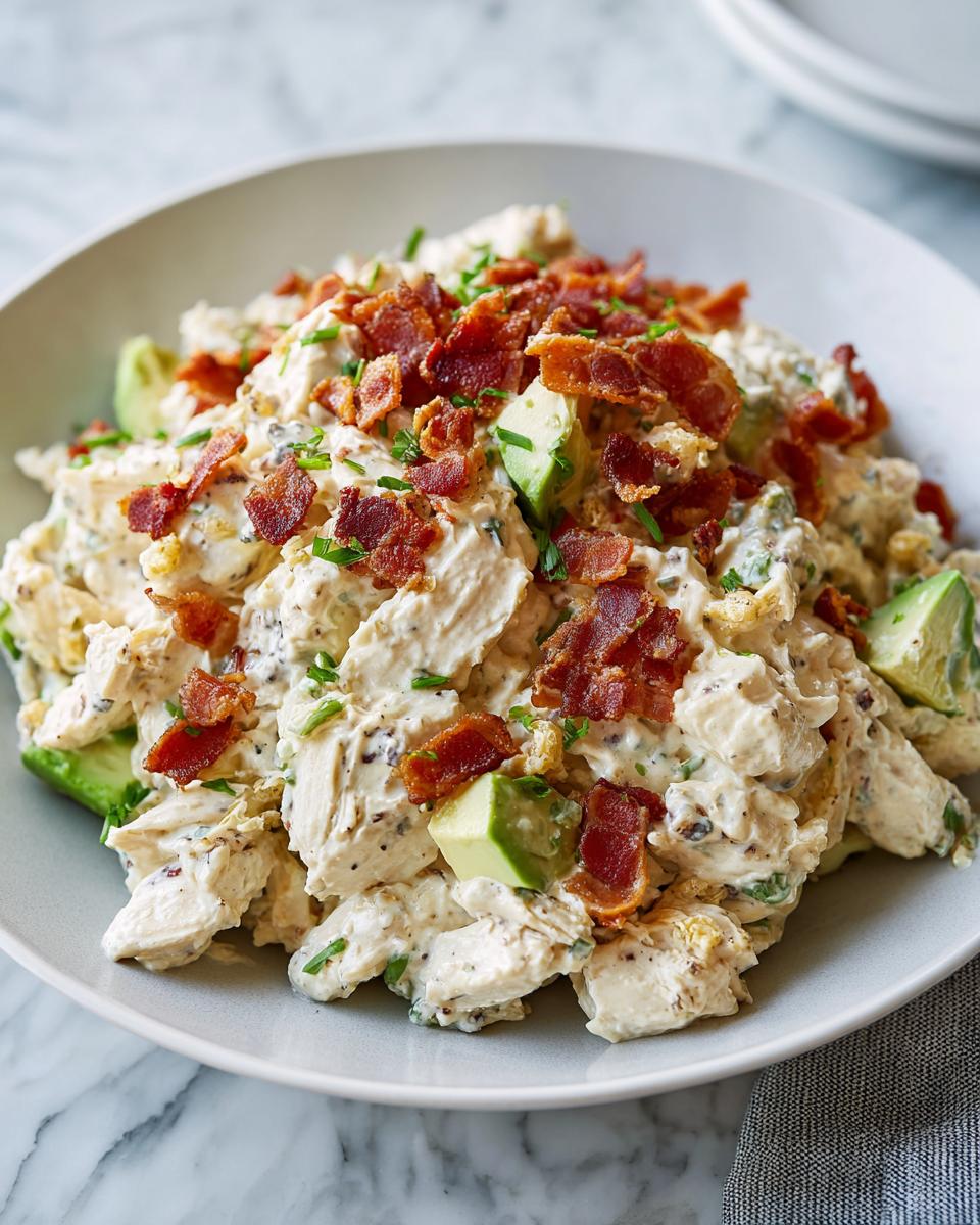 Close-up of creamy honey mustard chicken salad topped with crispy bacon bits and fresh avocado chunks.