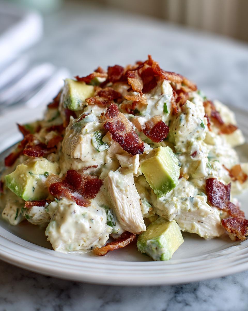 Close-up of creamy honey mustard chicken salad topped with crispy bacon pieces and chunks of fresh avocado.