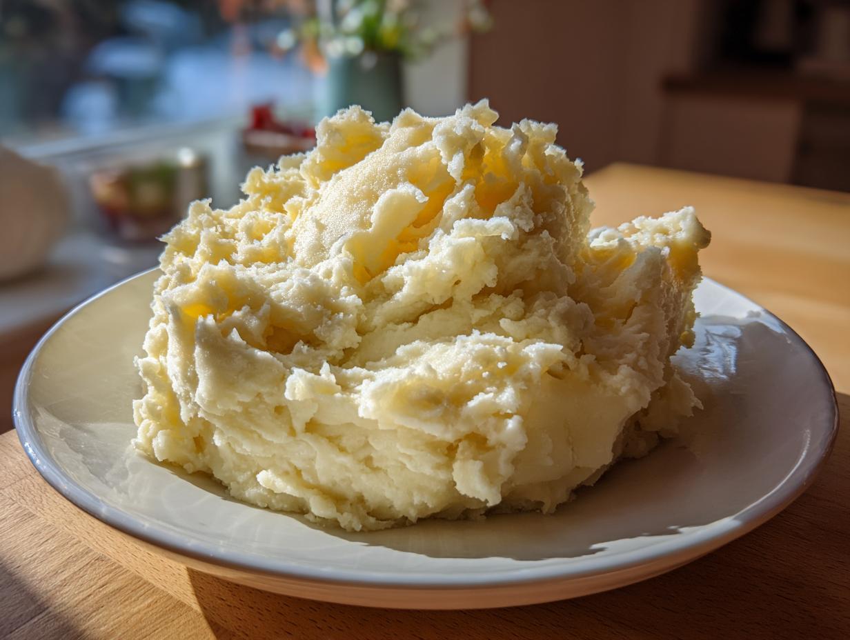 A generous serving of fluffy, creamy mashed potatoes piled high on a white plate, catching the sunlight.