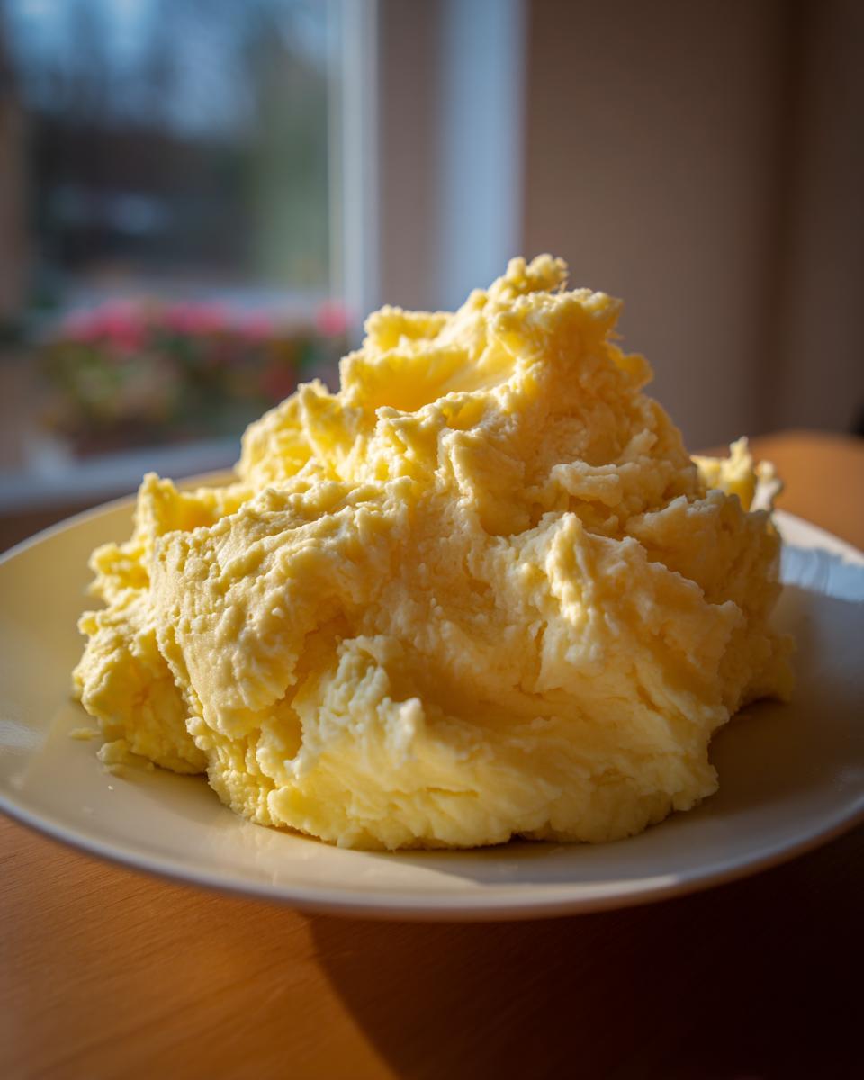 A large mound of rich, yellow, creamy mashed potatoes served on a white plate indoors.