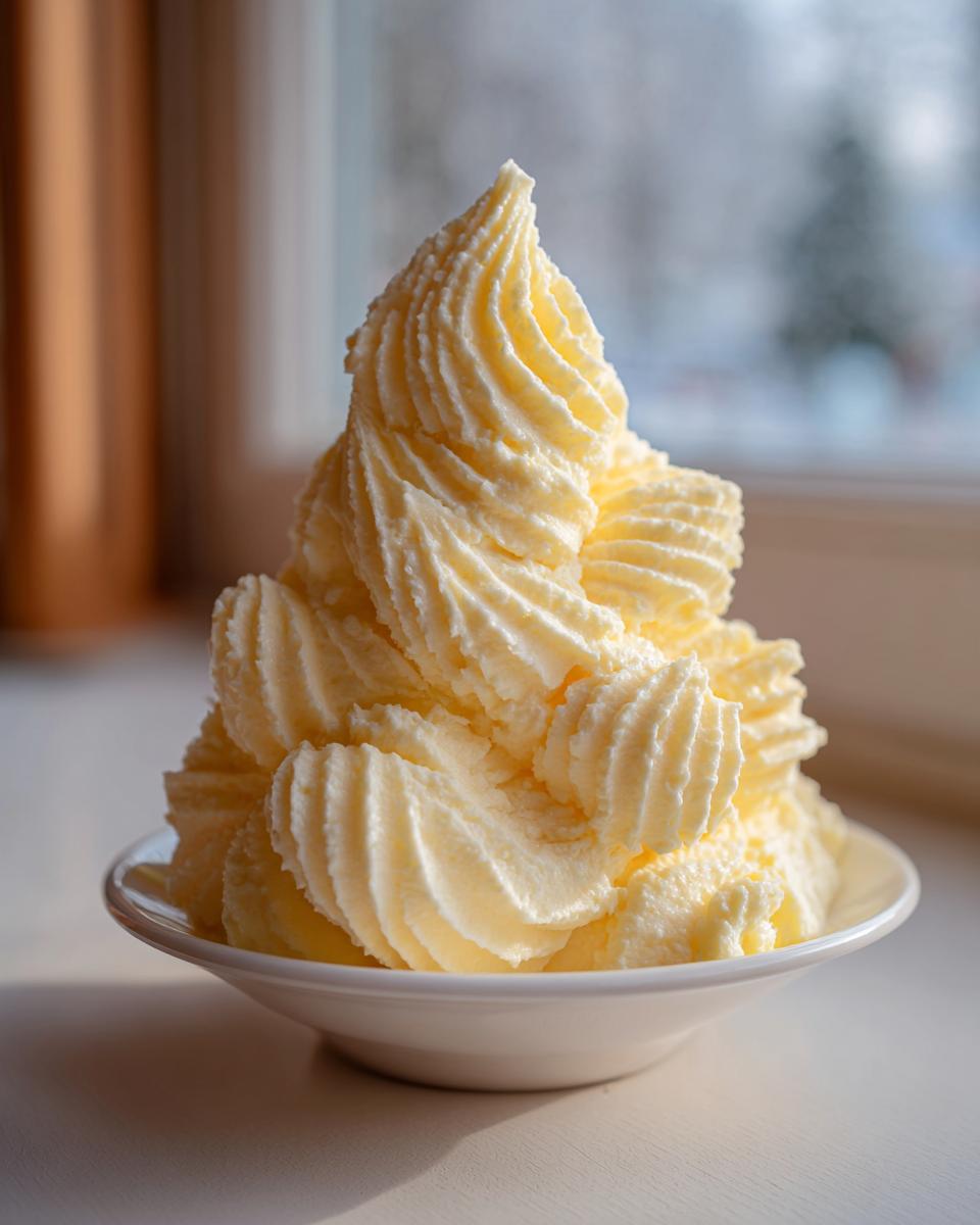 A tall, perfectly piped mound of ultra creamy mashed potatoes served in a small white bowl.