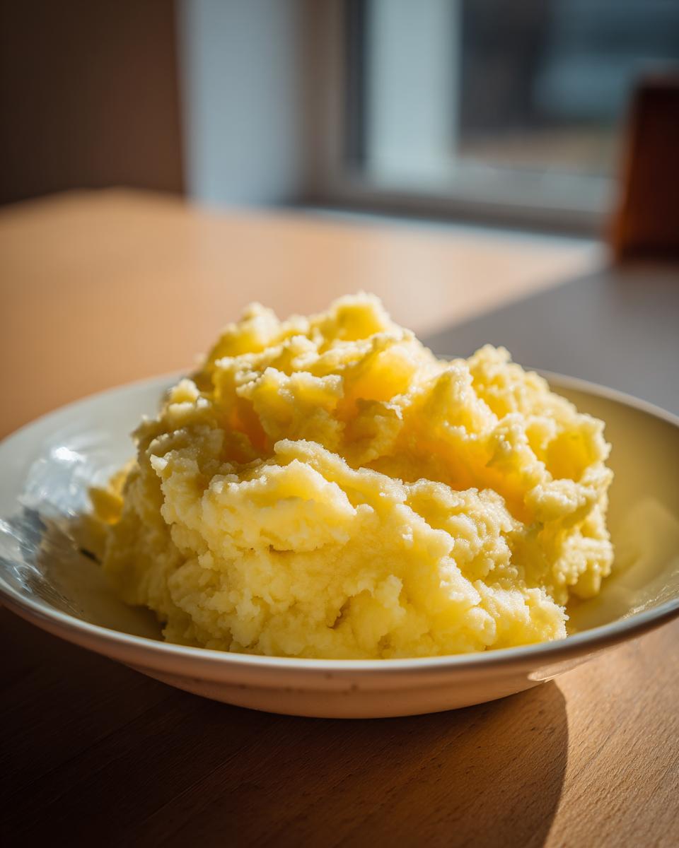 A generous serving of fluffy, yellow creamy mashed potatoes piled high in a light-colored bowl.