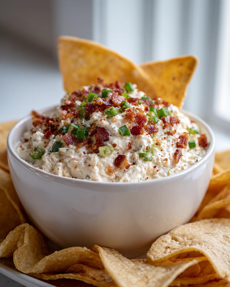 A white bowl filled with creamy million dollar dip, garnished generously with crumbled bacon and sliced green onions, served with tortilla chips.