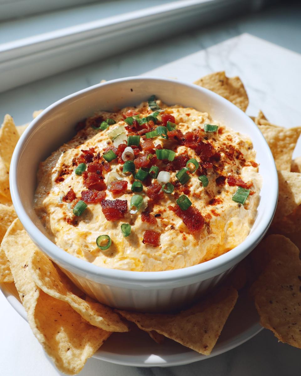 A white bowl filled with creamy million dollar dip, topped with bacon bits and green onions, served with tortilla chips.