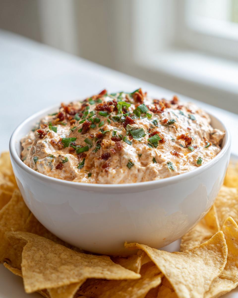A white bowl filled with creamy million dollar dip, garnished with crumbled bacon and fresh chives, surrounded by tortilla chips.