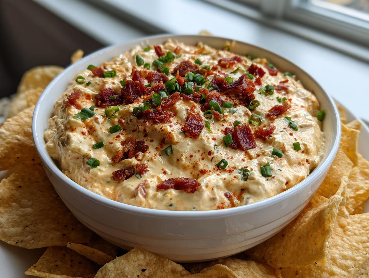 A white bowl filled with creamy million dollar dip, topped generously with crumbled bacon and chopped green onions.