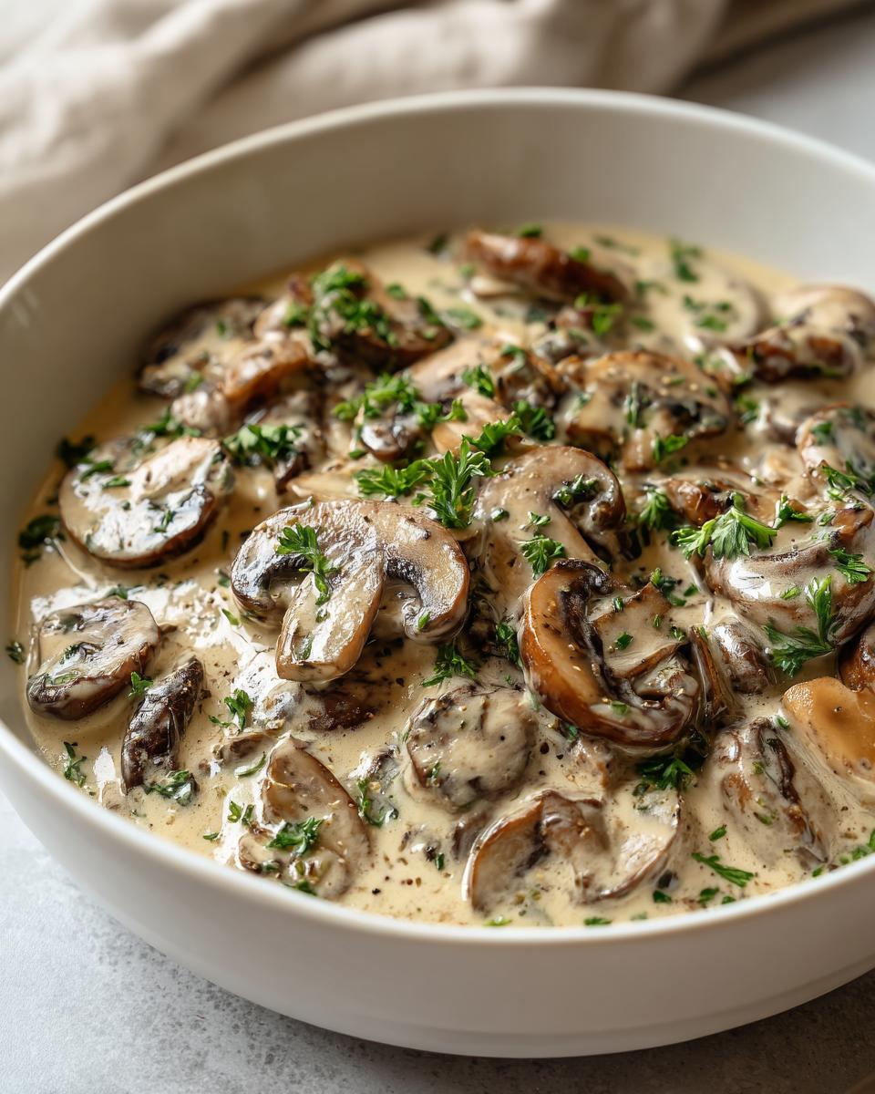 Close-up of rich, creamy mushroom sauce loaded with sliced mushrooms and garnished with fresh parsley.