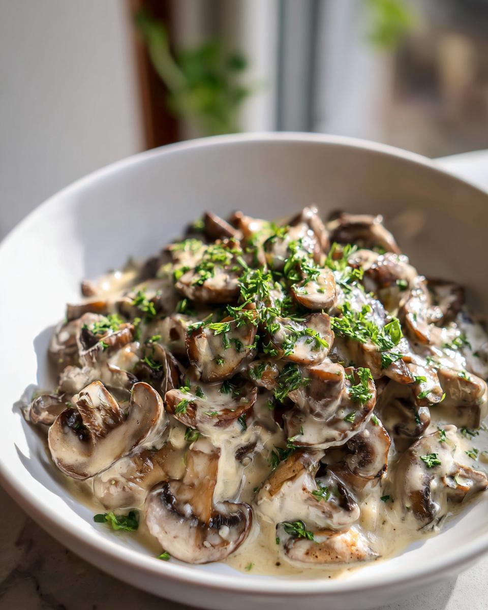 Close-up of rich, creamy mushroom sauce generously coating sliced mushrooms, garnished with fresh parsley.