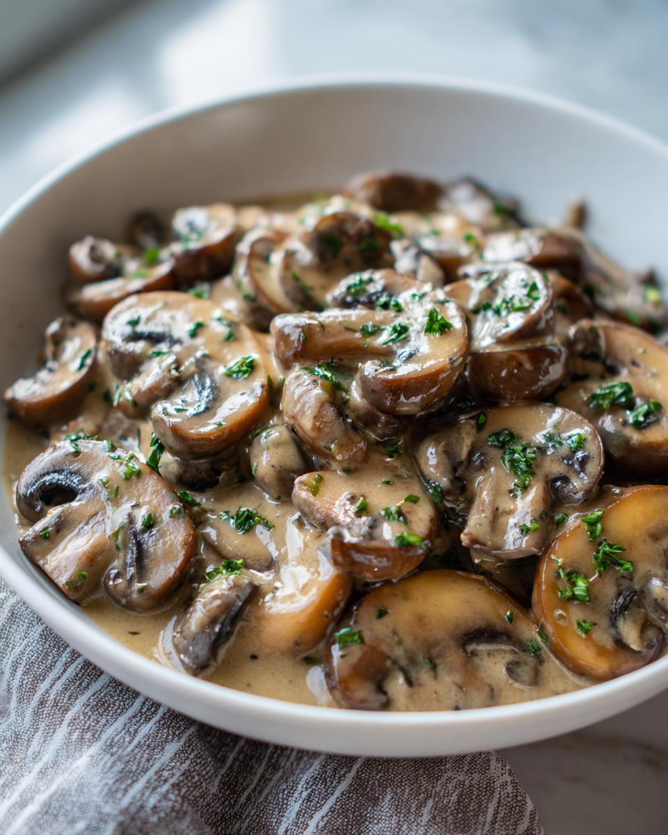 A white bowl filled with rich, creamy mushroom sauce featuring sliced brown mushrooms and topped with fresh parsley.