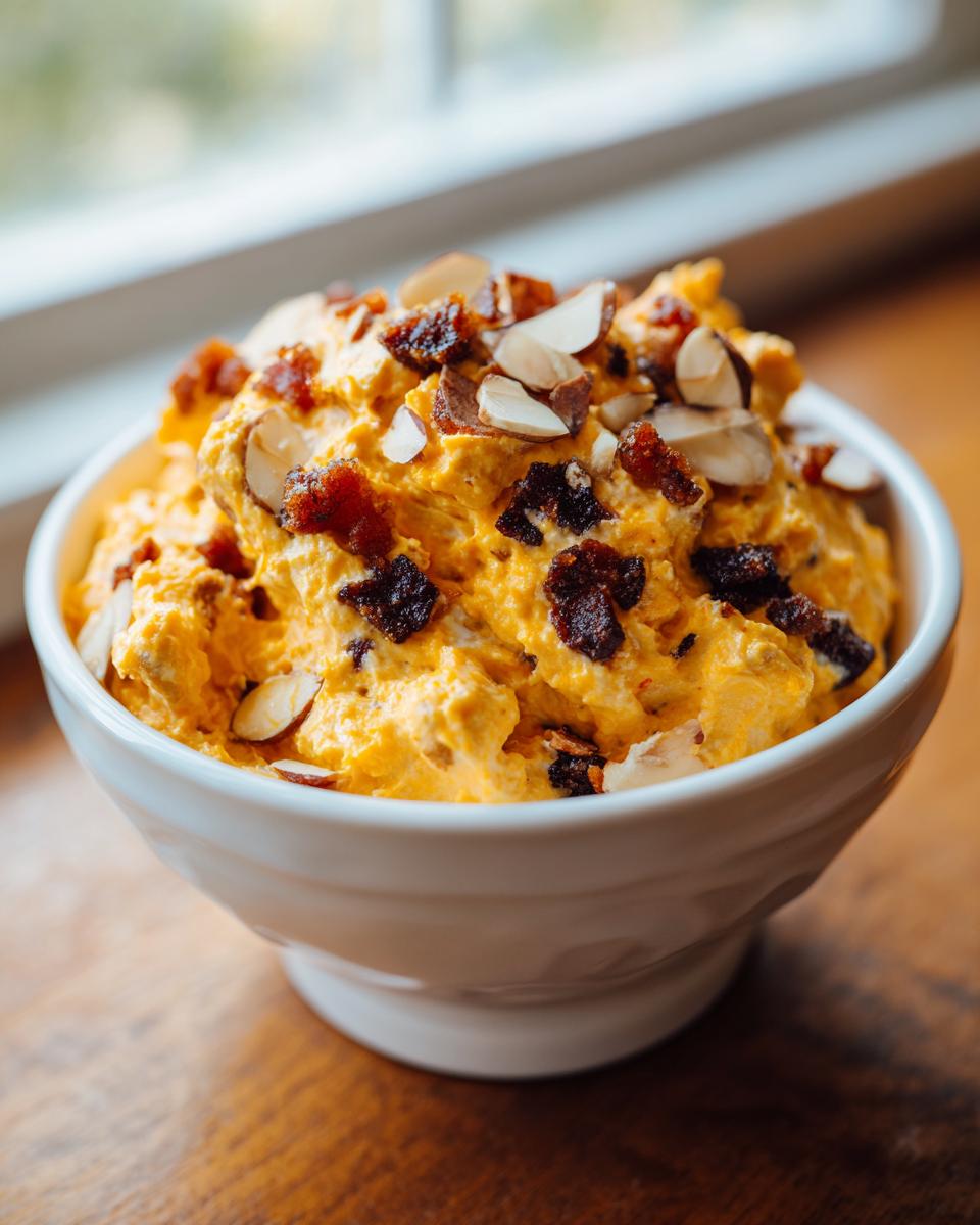 A close-up of a creamy, orange-colored Neiman Marcus Dip topped generously with sliced almonds and crumbled bacon pieces.