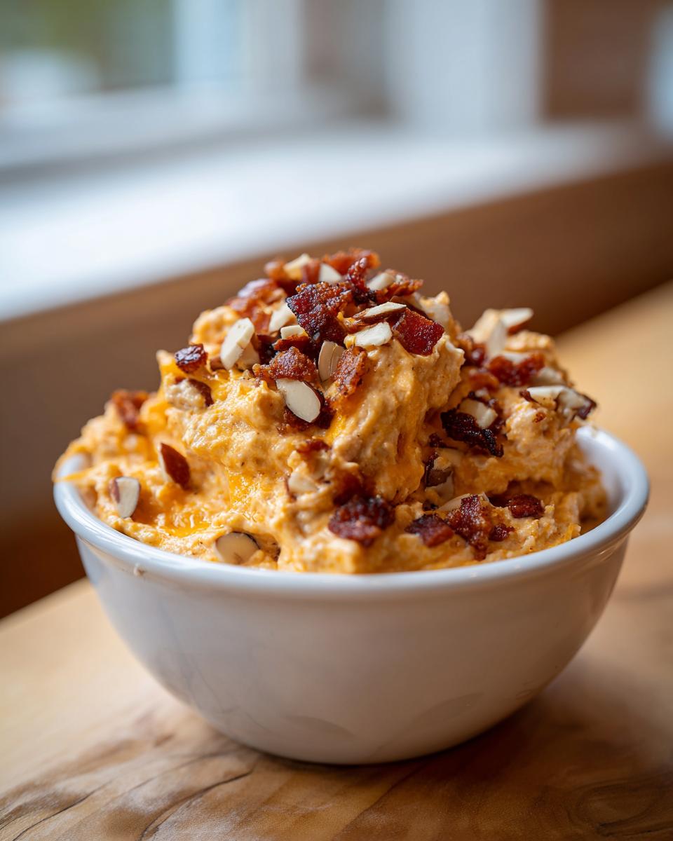 A close-up of a white bowl filled with creamy orange Neiman Marcus dip, topped generously with crumbled bacon and sliced almonds.