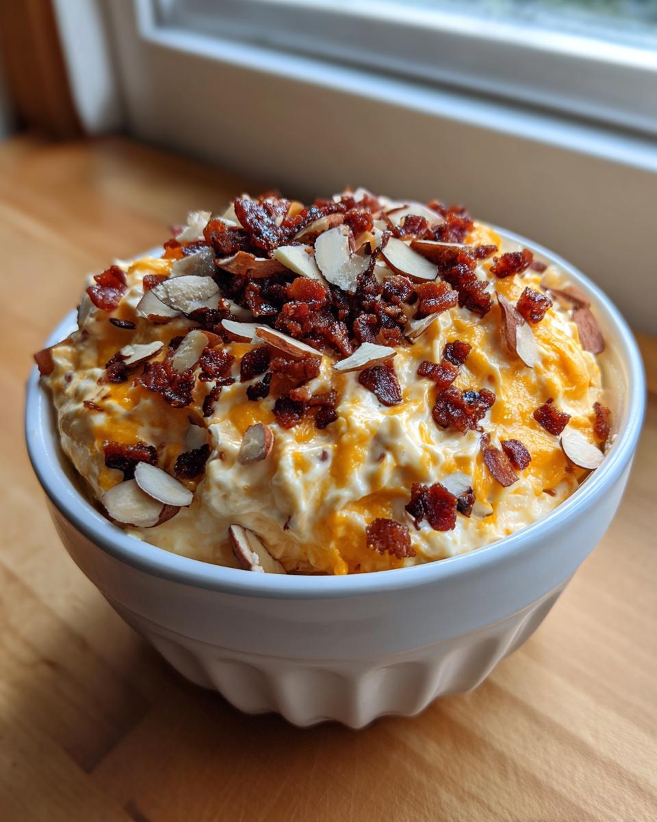 A white bowl filled with creamy Neiman Marcus dip, topped generously with crumbled bacon and sliced almonds.