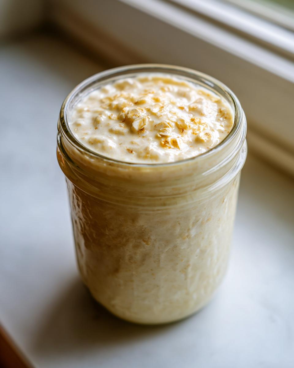 Close-up of creamy overnight oats topped with rolled oats in a clear glass jar.