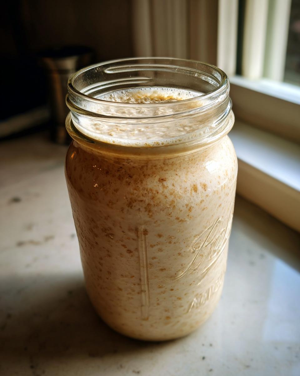 A close-up of creamy overnight oats soaking in a glass Mason jar, ready for breakfast.